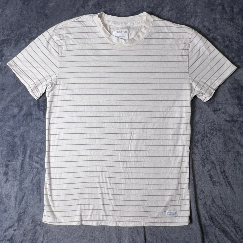 Hollister Mens Relaxed Fit Striped Short Sleeve T-Shirt Off-White Grey Small